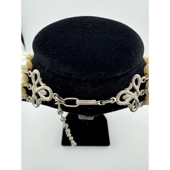 VTG 1928 Faux Pearl 3 Strand Choker Necklace Blue Clear Stones LRG Pendant - Picture 7 of 14